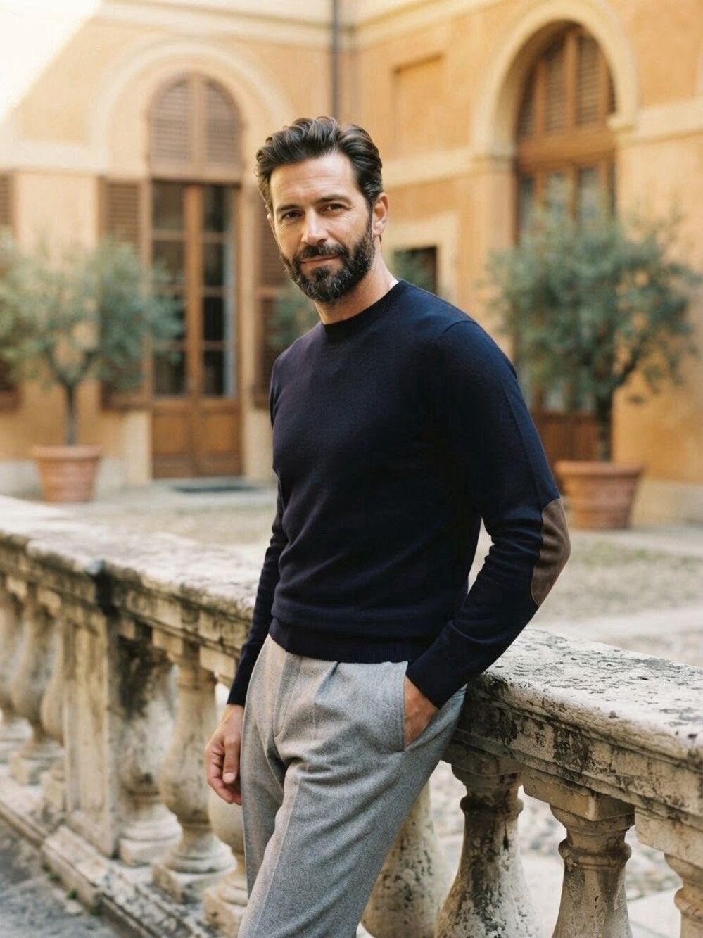 Brunello Cucinelli Cashmere Wool Crewneck Sweater Suede Elbow Patches Men L Navy
